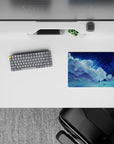 Dreamy navy and icy cyan anime mouse pad 14x10 inches, calm starlit sparkle scene over mirror water.