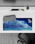 28x12 inches anime mouse pad in cool navy, icy cyan, and misty white; calm, magical nightscape.