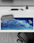 32x12 inches anime mouse pad in cool navy, icy cyan, and misty white for a calm, dreamy night mood.