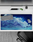 32x16 inches anime mouse pad in cool navy and icy cyan, calm magical starlight over mirror water.