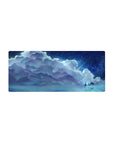 28x12 inches anime mouse pad with dreamy night sky, giant blue clouds, piano by starlight, water reflection.
