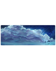 32x12 inches anime mouse pad with blue clouds, starry sky, piano girl, and water reflection nightscape.