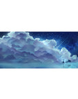 36x16 inches anime desk pad with blue clouds, starry sky, and water reflection night landscape.