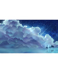 Anime desk pad 40x20 inches with starry sky, giant blue clouds, piano silhouette, and water reflection.