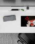 Black background anime girl mouse pad with peach tones, sharp white eyes, playful angry vibe, 14x10 inches.