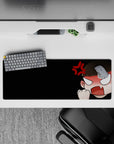 Black background anime girl mouse pad with peach tones and sharp white eyes, playful chaos mood, 32x12 inches.