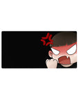 Chibi anime girl rage design mouse pad, fist raised and blush cheeks, 32x16 inches.
