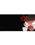 Chibi anime girl rage desk pad with blush cheeks and raised fist, 36x16 inches.