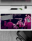 32x16 inches mouse pad with Spike Spiegel in a moody cyberpunk cityscape for a noir-inspired anime design.