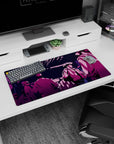 Modern 32x16 inches mouse pad featuring Spike Spiegel, purple and pink neon lights, and a cyberpunk cityscape for depth.