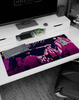 Artistic 36x16 inches mouse pad showcasing Spike Spiegel in a cyberpunk setting with neon lights for a cinematic design.