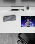 Dreamy indigo night anime mouse pad 14x10 inches with constellations, neon-blue rose, romantic vibe.