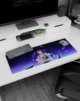 Shy twin-tail anime girl with floating hair and ruby eyes on 32x12 inches mouse pad, starry petals.