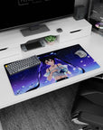 32x16 inches anime mouse pad showing shy twin-tail girl with floating hair, neon blue rose, and petals.