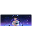 Anime girl mouse pad 32x12 inches with twin-tail girl, starry space background, petals and blue rose.