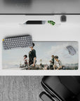 32x12 inches mouse pad featuring Eren, Mikasa, and Levi, with soft golden hues and a breathtaking sky for an inspiring atmosphere.