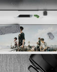 36x16 inches mouse pad with Eren, Mikasa, and Levi, blending golden hues and dramatic sky to capture the weight of destiny.