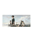 Mouse pad featuring Eren, Mikasa, and Levi, 28x12 inches, with golden hues and breathtaking sky for a moment of quiet reflection.