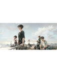 Mouse pad featuring Eren, Mikasa, and Levi, 36x16 inches, with golden hues and a breathtaking sky for a moment of quiet reflection.
