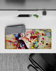 28x12 inches extended mouse pad in neon pink and red koi tones, cute chaotic otaku night vibe.