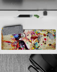 Pink and neon anime desk mat 32x12 inches, koi reds, candy florals, cute chaotic late-night vibe.