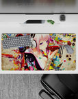 32x16 inches neon pastel desk mat in soft pink and red, late-night otaku vibe with splashes and texture.