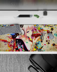 36x16 inches anime desk pad in neon pinks and reds with soot sprites, candy florals, late-night otaku vibe.