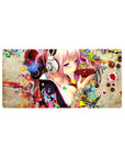 32x16 inches anime girl mouse pad with pink-haired headphone girl, koi reds, soot sprites, candy florals.