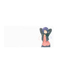 28x12 inches anime girl mouse pad with sleepy indigo-haired girl, earbuds, music notes, clean white background.
