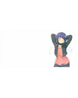 32x16 inches anime girl mouse pad with sleepy stretch pose, earbuds, music notes, clean white background.