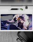 Shinobu from anime, glowing in moonlight on 32x16 inch mouse pad; features lavender, navy, mint, and delicate patterns.