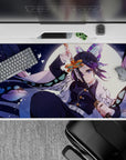 Desk pad 40x20 inches featuring Shinobu from Demon Slayer, with lavender, navy, and mint colors, stained glass wings.
