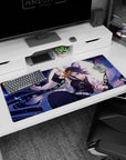 Anime desk pad 36x16 inches featuring Shinobu with lavender, navy, and mint hues, capturing a serene, moonlit aura.