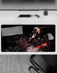 32x16 inches anime mouse pad in charcoal blacks with smoky rocks and sharp red light streaks, fast vibe.