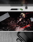 Dark charcoal anime desk pad 40x20 inches with smoky rocks and red light streaks, fast edgy vibe.