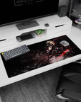 Blonde anime warrior in black on a futuristic motorcycle desk pad 36x16 inches, blade poised to strike.
