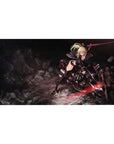 Anime girl desk pad 40x20 inches with blonde warrior on sci-fi bike, raised blade, bold print.