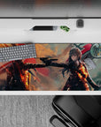 36x16 inches anime desk pad in stormy orange and red flag tones, ember glow, smoky shadows, dramatic mood.
