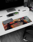 32x12 inches anime girl mouse pad showing two fierce girls facing off over a pistol under an orange sky.