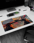 32x16 inches anime girl mouse pad showing two fierce girls facing off over a pistol under a blazing sky.