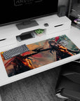 36x16 inches anime girl mouse pad showing two fierce girls facing off over a pistol under a fiery sky.