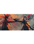 36x16 inches anime girl desk pad with two military-coat girls and pistol standoff, cinematic style.