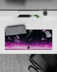 Dreamy 28x12 inches anime mouse pad in purple, pink glow, and star confetti for a calm desk vibe.