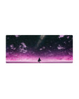 Anime girl mouse pad 28x12 inches with silhouetted girl under a galaxy sky and violet clouds.