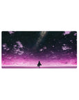 32x16 inches anime girl mouse pad with silhouetted girl under a galaxy sky, violet clouds and pink horizon.