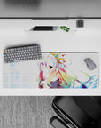 32x12 inches pastel kawaii mouse pad in icy blues, warm amber eyes, dreamy soft anime vibe.