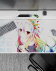 40x20 inches pastel kawaii desk pad in icy blue grid, warm amber eyes, soft blush, dreamy cute vibe.