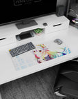 28x12 inches anime mouse pad of shy silver-haired girl with star clip, blushing cheeks, hugging plush.