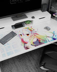 40x20 inches desk pad featuring shy silver-haired anime girl with star clip, hugging a tiny plush.