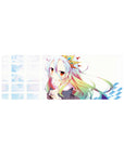 32x12 inches anime girl mouse pad with silver hair, rainbow tips, sailor collar, plush, grid backdrop.